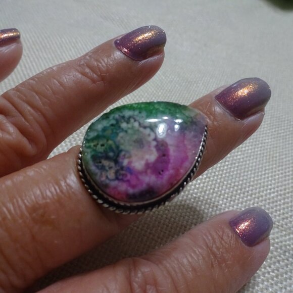Beautiful GREEN & PINK SOLAR AGATE Handmade Sterling Ring Size 8.25 #177C - Picture 2 of 3